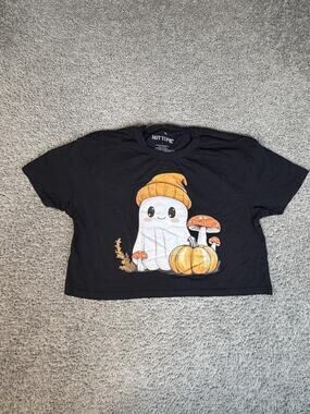 Hot Topic Shirt Womens L Black Cropped Ghost Pumpkin Graphic 100% Cotton